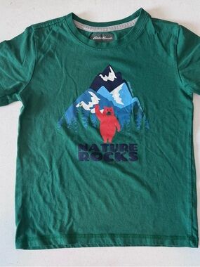 Eddie Bauer Boys Green Tee with Mountain & Red Bear Graphic Nature Rocks